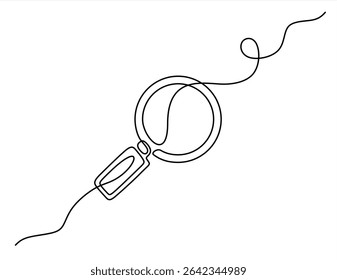 Una ilustración de línea continua de lupa. Dibujo continuo de la línea de la lente de la lupa. Símbolo de búsqueda de lupa aislado. Dibujado a mano un Vector de línea. Trazo editable