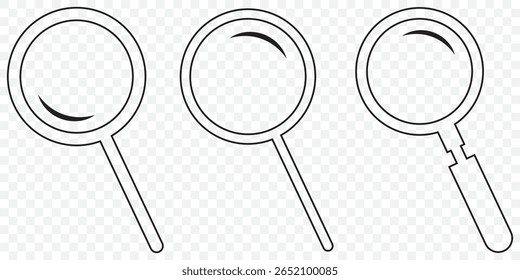One continuous line illustration of magnifying glass. Magnifying glass icon, magnifier or loupe sign. Search icon on Transparent Background. EPS 10.