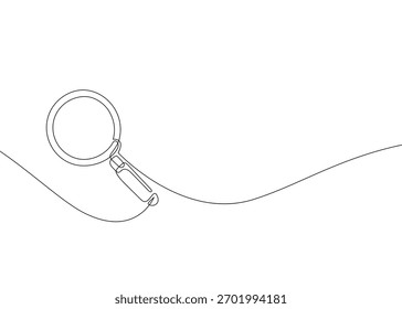 One continuous line illustration of a magnifying glass. Minimalist linear vector drawing symbolizing search, exploration, research, focus, and investigation. Perfect for design, icons, and animation.