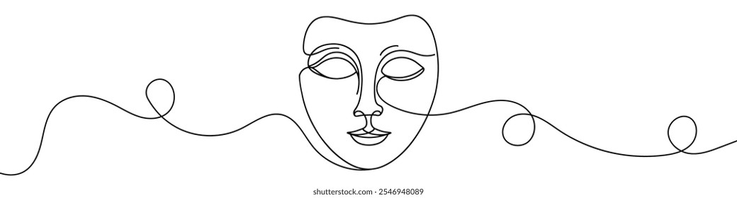 One continuous line illustration of a medical mask, isolated on white background. Line art of medical mask