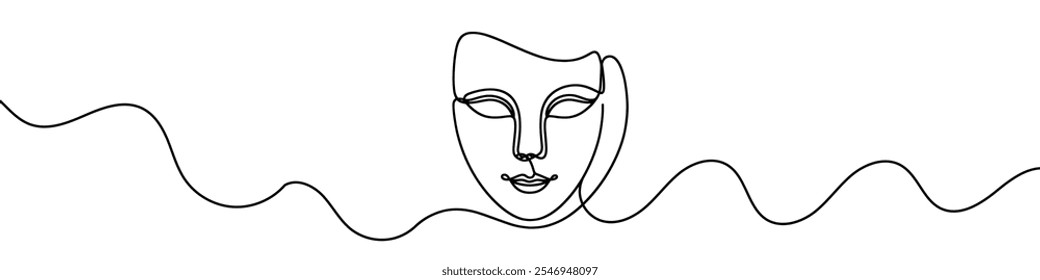 One continuous line illustration of a medical mask, isolated on white background. Line art of medical mask