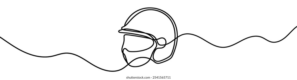  One continuous line illustration of a motorcycle helmet, isolated on white background. Line art of motorcycle helmet