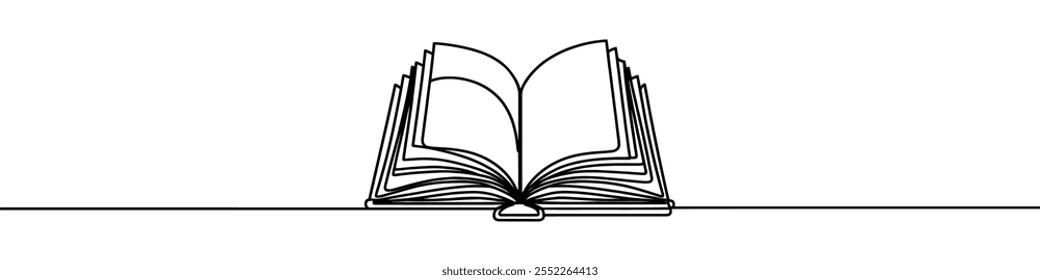 One continuous line illustration of an open book, isolated on white background. Line art of open book