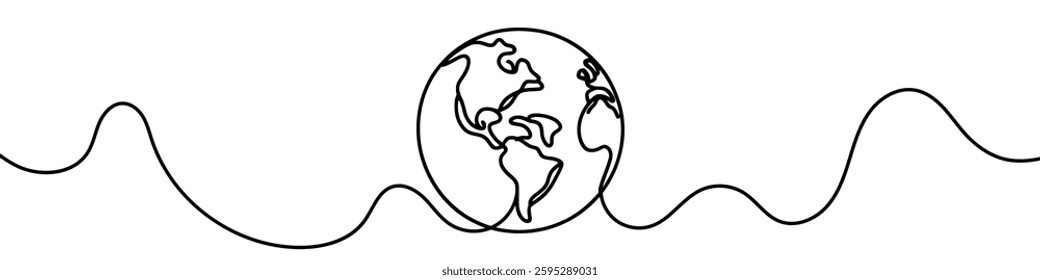 One continuous line illustration of planet Earth, isolated on white background. Line art of planet Earth
