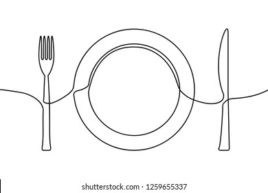 One continuous line illustration of plate, knife and fork. Vector.