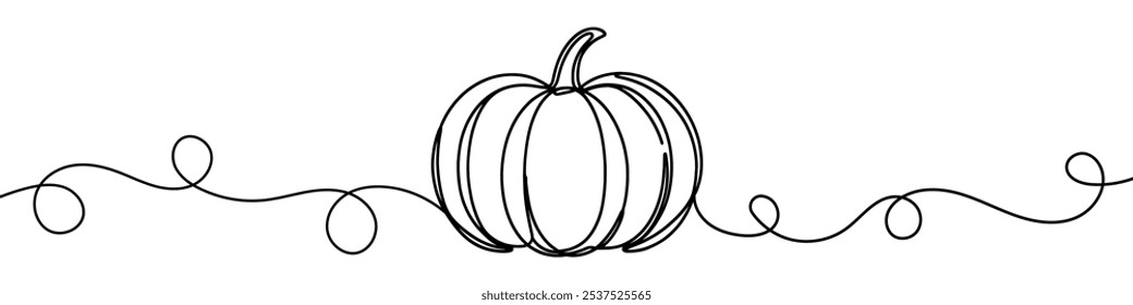 One continuous line illustration of a pumpkin, isolated on white background. This is a one line art of a pumpkin.