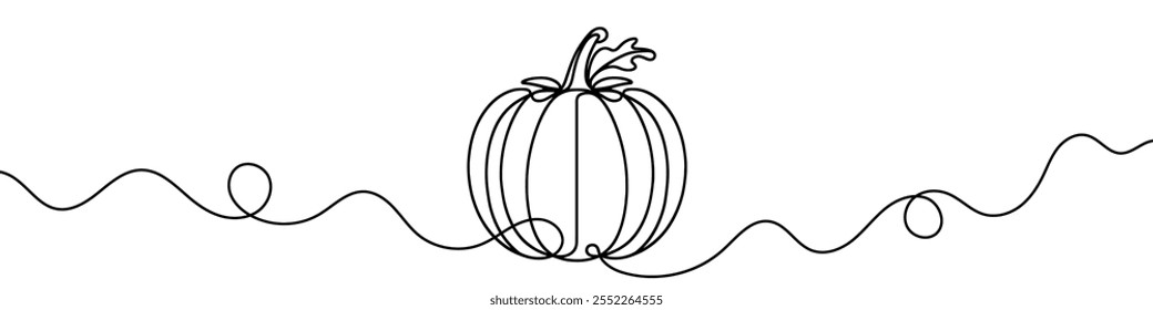 One continuous line illustration of a pumpkin, isolated on white background. This is a one line art of a pumpkin.