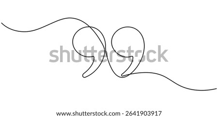One continuous line illustration of quote mark icons. Continuous line drawing of quotes vector, Single continuous line drawing of a quote mark. One continuous line of a quote mark drawing.