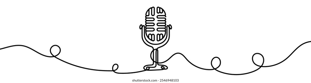Uma ilustração de linha contínua de um microfone retro, isolado no fundo branco. Linha-arte de microfone retro