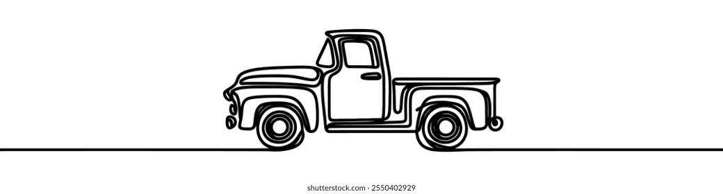 One continuous line illustration of a retro pickup truck, isolated on white background. Line art of a retro pickup truck.