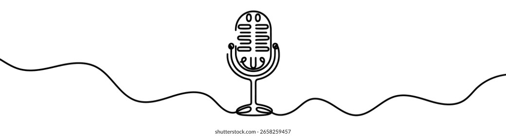 Eine durchgehende Liniengrafik eines Retro-Mikrofons, einzeln auf weißem Hintergrund. Line-Art des Retro-Mikrofons