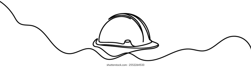 One continuous line illustration of a safety helmet, isolated on white background. Line art of safety helmet