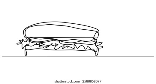 One continuous line illustration of a sandwich, isolated on white background, One single line drawing of fresh sandwich logo vector graphic art illustration. Hot dog fast food cafe menu and restaurant