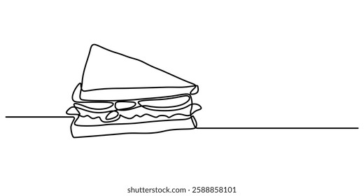 One continuous line illustration of a sandwich, isolated on white background, One single line drawing of fresh sandwich logo vector graphic art illustration. Hot dog fast food cafe menu and restaurant