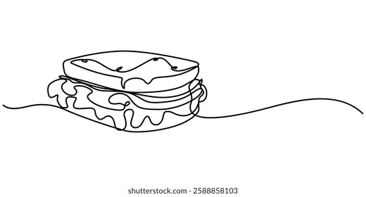 One continuous line illustration of a sandwich, isolated on white background, One single line drawing of fresh sandwich logo vector graphic art illustration. Hot dog fast food cafe menu and restaurant