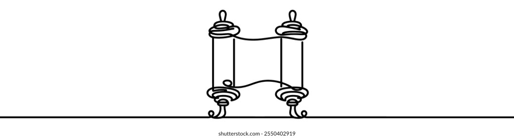One continuous line illustration of a scroll, isolated on white background. Line art of a scroll