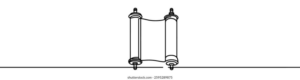 One continuous line illustration of a scroll, isolated on white background. Line art of a scroll