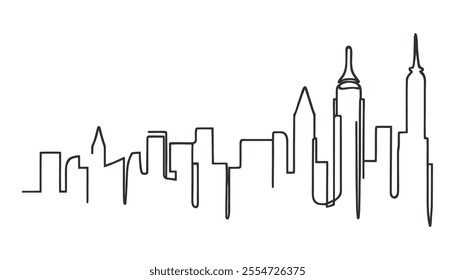 One continuous line illustration of the skyline of skyscrapers, isolated on white background