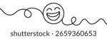 One continuous line illustration of a smiley face, isolated on white background. Line art of smiley face