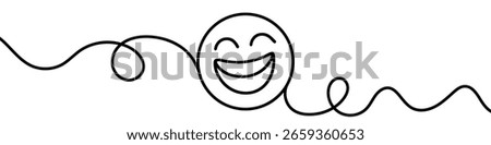 One continuous line illustration of a smiley face, isolated on white background. Line art of smiley face