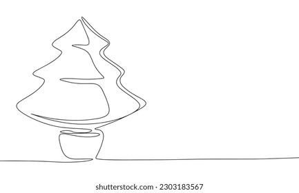 One continuous line illustration of spruce in pot. Continuous line drawing of fir tree, Christmas tree in pot. Vector illustration.