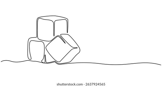 One continuous line illustration of stacked ice cubes, isolated on white background, Continuous line drawing of three ice cubes melting on a surface. Vector illustration, One continuous line