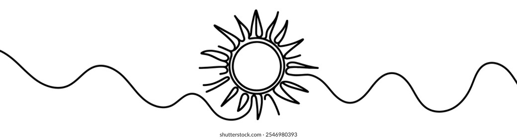 One continuous line illustration of the sun, isolated on white background. Line art of the sun