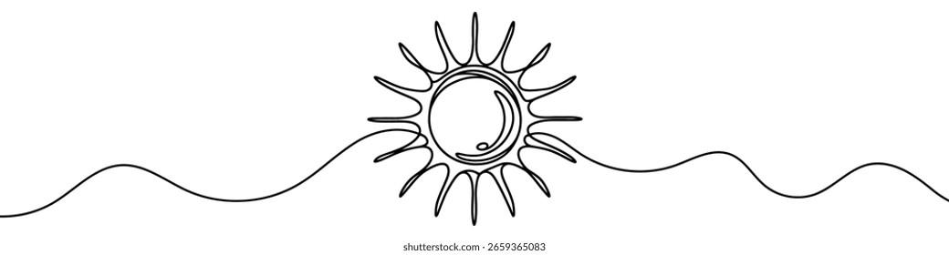 One continuous line illustration of the sun, isolated on white background. Line art of the sun.
