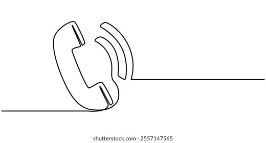 One continuous line illustration of a telephone receiver, isolated on white background. Line art of a telephone receive, Telephone one line art drawing.  Communication concept vector background. 