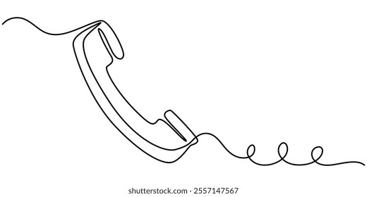 One continuous line illustration of a telephone receiver, isolated on white background. Line art of a telephone receive, Telephone one line art drawing.  Communication concept vector background. 
