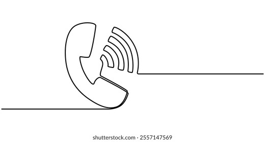 One continuous line illustration of a telephone receiver, isolated on white background. Line art of a telephone receive, Telephone one line art drawing.  Communication concept vector background. 
