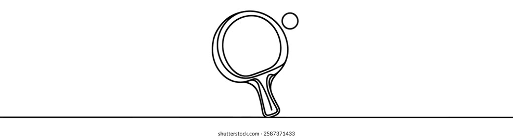 One continuous line illustration of a tennis racket and ball, isolated on white background. Line art of a tennis racket and ball