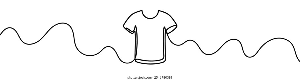 One continuous line illustration of a t-shirt, isolated on white background. Line art of t-shirt.