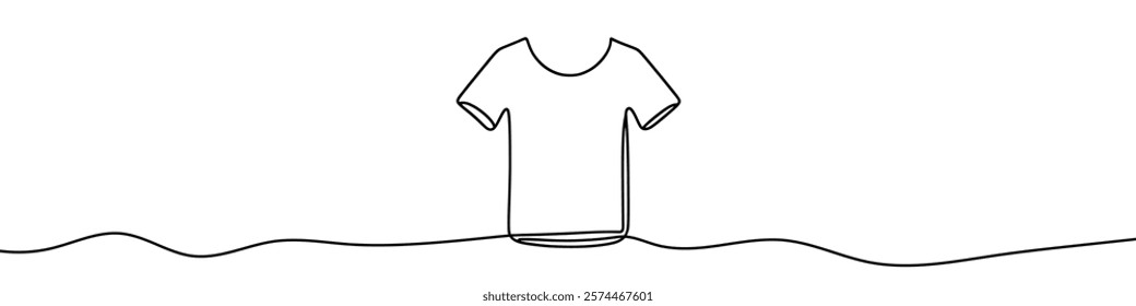 One continuous line illustration of a t-shirt, isolated on white background. Line art of t-shirt