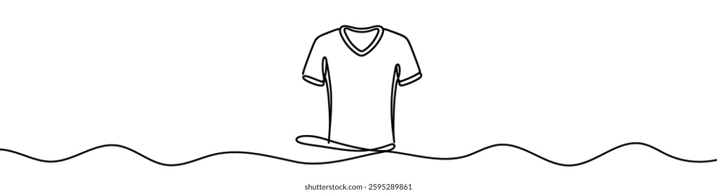 One continuous line illustration of a t-shirt, isolated on white background. Line art of t-shirt