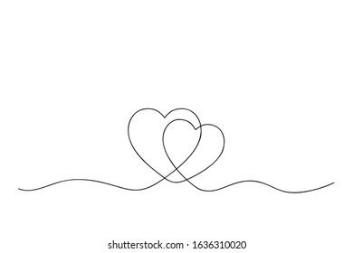 One continuous line illustration of two hearts. Concept of love. Vector.