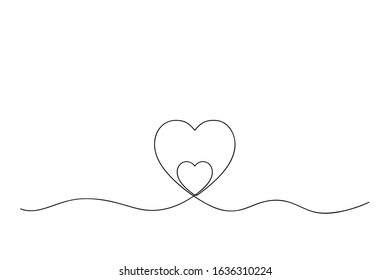 One continuous line illustration of two hearts one inside the second. Concept of love. Vector.