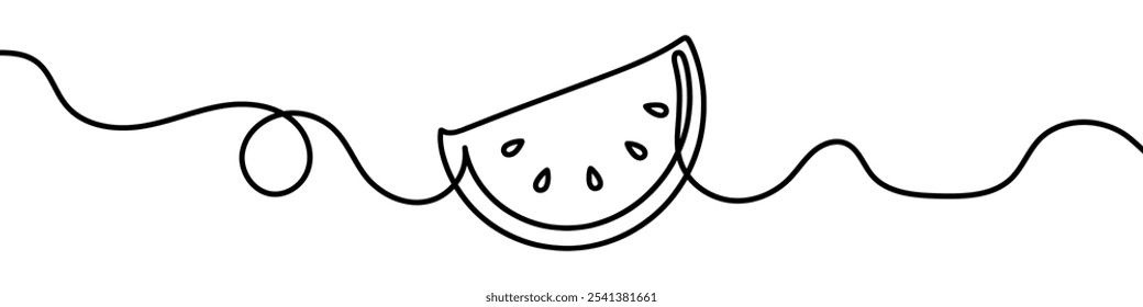 One continuous line illustration of a watermelon slice, isolated on white background. Line art of watermelon slice