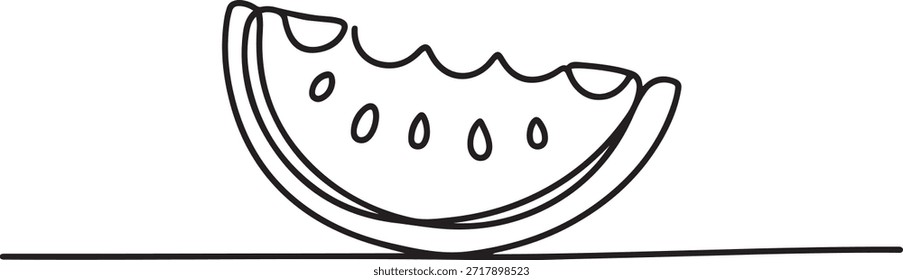 Uma ilustração de linha contínua de uma fatia de melancia, isolada.
