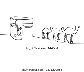 One continuous line of images of the kaaba and camels as a symbol of the hijra of the prophet Muhammad. Vector illustration of kaaba and camel icon. Meaning of the text: Hijri New Year 1445 H.
