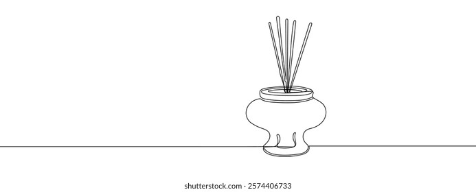 One continuous line, incense burner, worship line art vector illustration with transparent background.