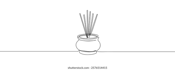 One continuous line, incense burner, religious ritual line art vector illustration with transparent background.