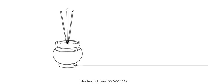 One continuous line, incense burner, religious ritual line art vector illustration with transparent background.