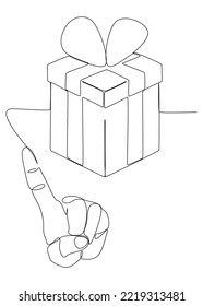 One continuous line of index finger pointng at Gift Box. Thin Line Illustration vector concept. Contour Drawing Creative ideas.