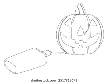 Uma linha contínua de Jack O' Lantern desenhado por com caneta de ponta de feltro. Conceito de vetor de ilustração de abóbora de Halloween de linha fina. Desenho de contorno Ideias criativas.