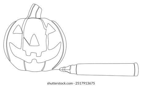 Uma linha contínua de Jack O' Lantern desenhado por com caneta de ponta de feltro. Conceito de vetor de ilustração de abóbora de Halloween de linha fina. Desenho de contorno Ideias criativas.