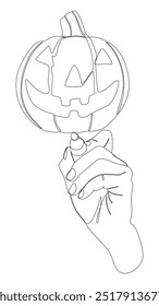 Uma linha contínua de Jack O' Lantern desenhado por com caneta de ponta de feltro. Conceito de vetor de ilustração de abóbora de Halloween de linha fina. Desenho de contorno Ideias criativas.