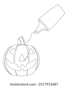 One continuous line of Jack O' Lantern drawn by with felt tip pen. Thin Line Halloween pumpkin Illustration vector concept. Contour Drawing Creative ideas.