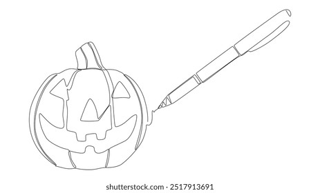 Uma linha contínua de Jack O' Lantern desenhado por com caneta de ponta de feltro. Conceito de vetor de ilustração de abóbora de Halloween de linha fina. Desenho de contorno Ideias criativas.