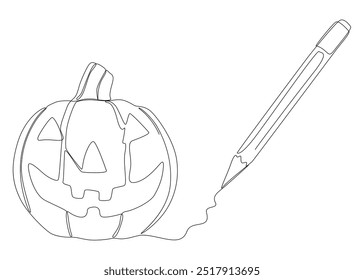 Uma linha contínua de Jack O' Lantern desenhado por com caneta de ponta de feltro. Conceito de vetor de ilustração de abóbora de Halloween de linha fina. Desenho de contorno Ideias criativas.